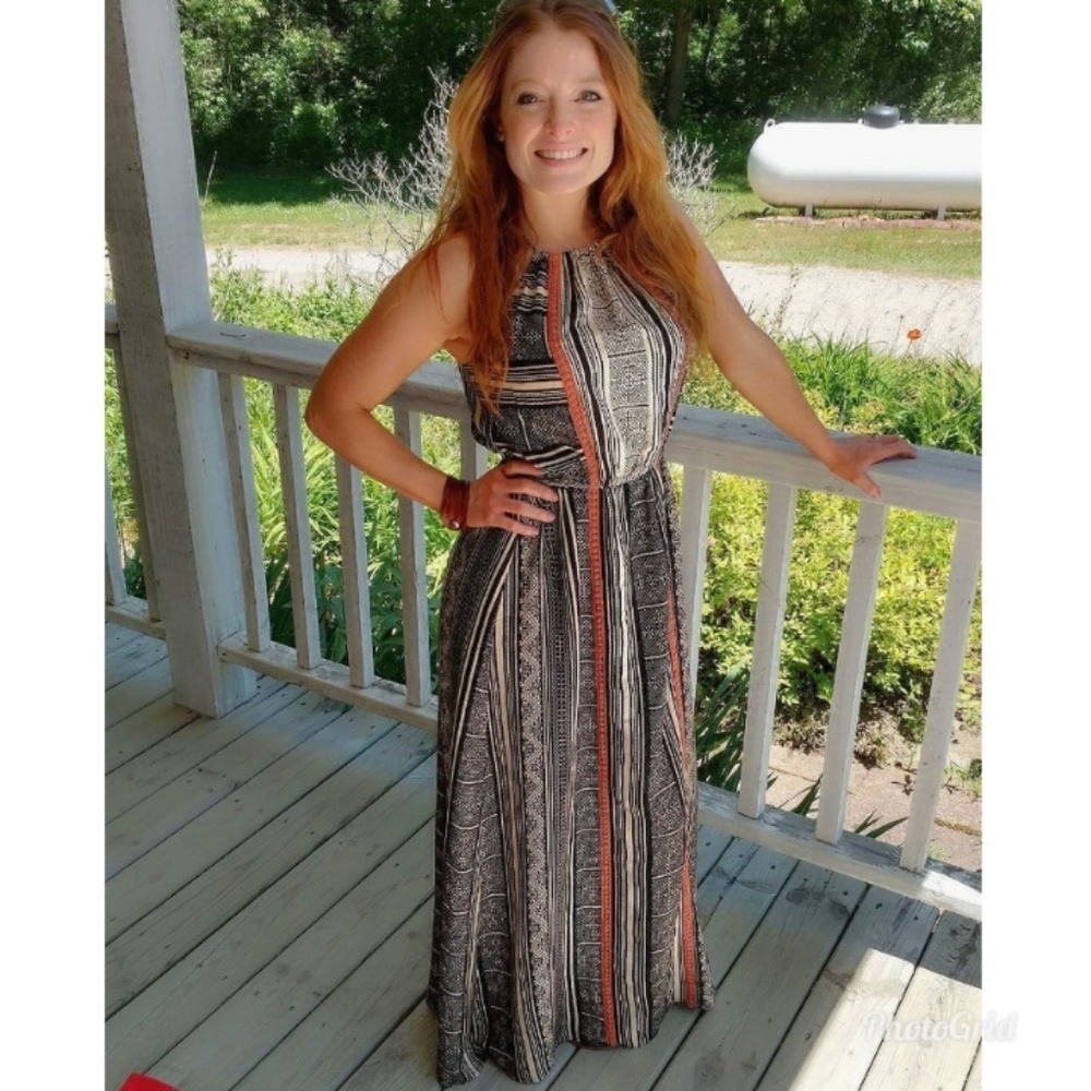 Black/Ivory/Salmon Halter Maxi Dress